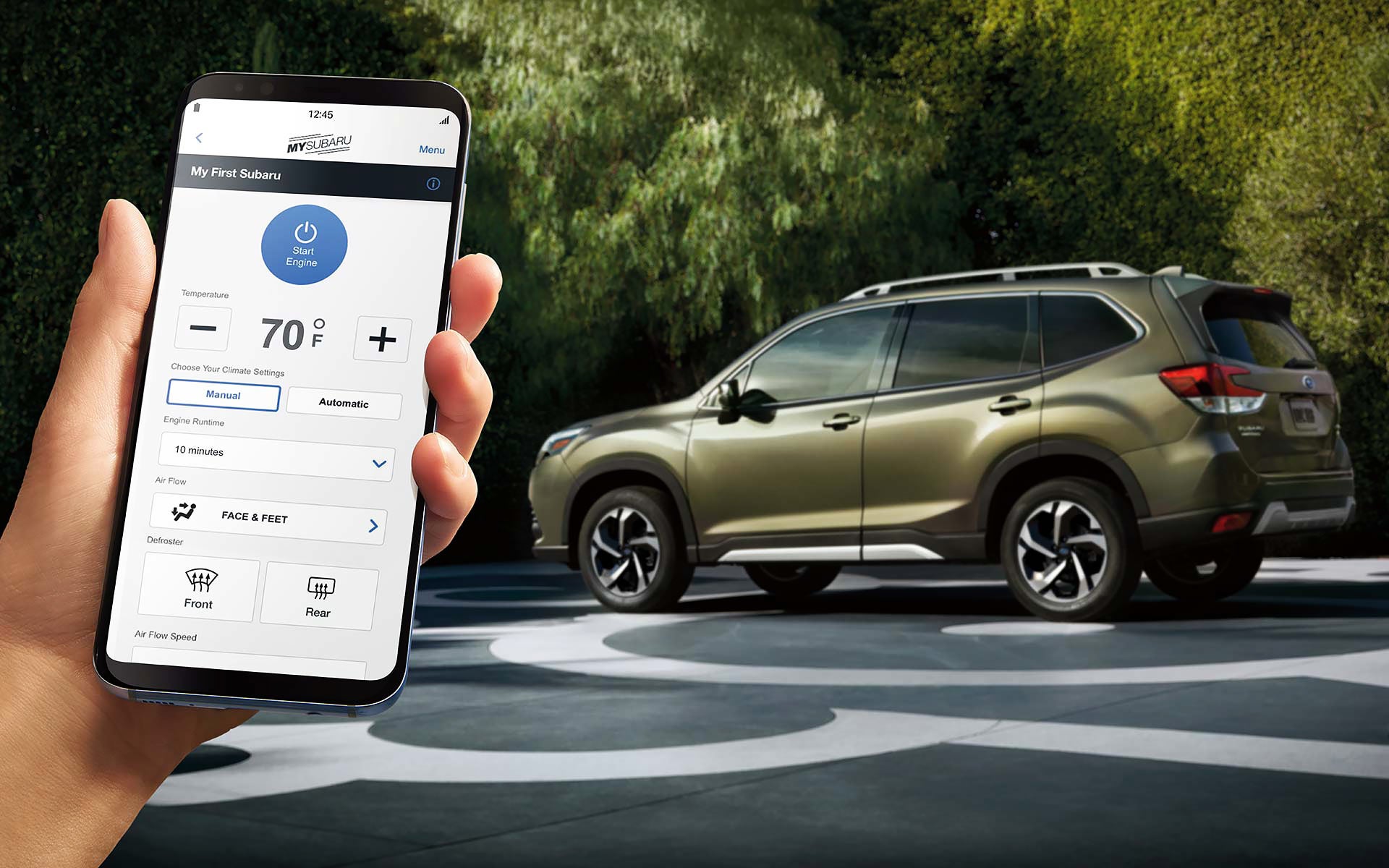 A close-up of a phone showing the Remote Engine Start with Climate Control feature of SUBARU STARLINK® Safety and Security available on the 2022 Forester. | Neil Huffman Subaru in Louisville KY