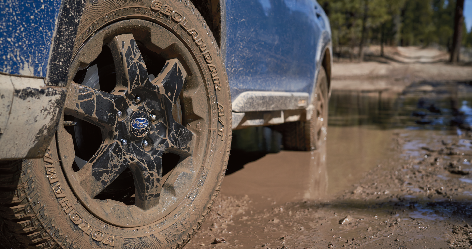 A close-up of the 17-inch off-road wheels and all-terrain Yokohama GEOLANDAR® tires on the 2023 Outback Wilderness. | Neil Huffman Subaru in Louisville KY